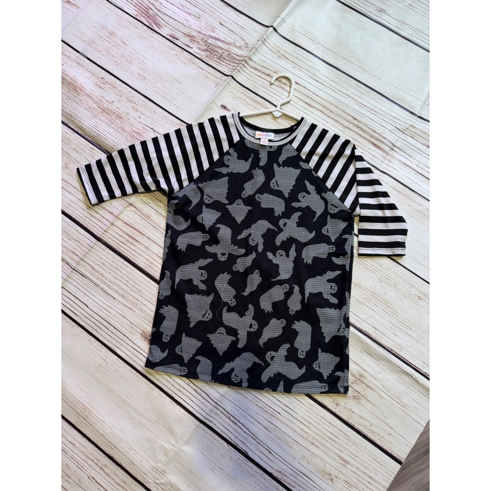 LuLaRoe Kids Ghost Print Raglan Tee Black White Striped Halloween Shirt Size 8
